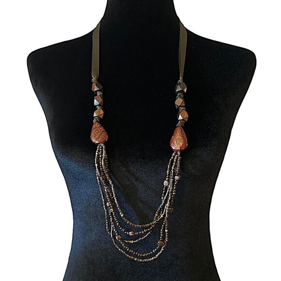 Coldwater Creek Necklace Boho Wood Beaded Multi Strand Brown Tones - Picture 1 of 4